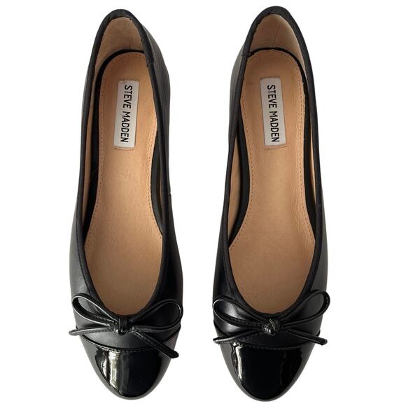 Steve Madden Glossy Black Ballet Flats Womens Size 10 Bow Work Church Minimalist - Picture 1 of 12